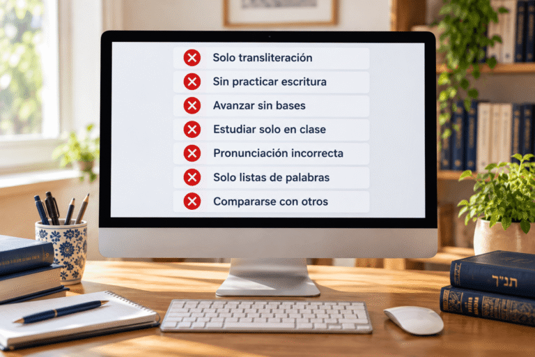 Computadora de escritorio con una lista de siete errores comunes al aprender hebreo, señalados con cruces rojas.