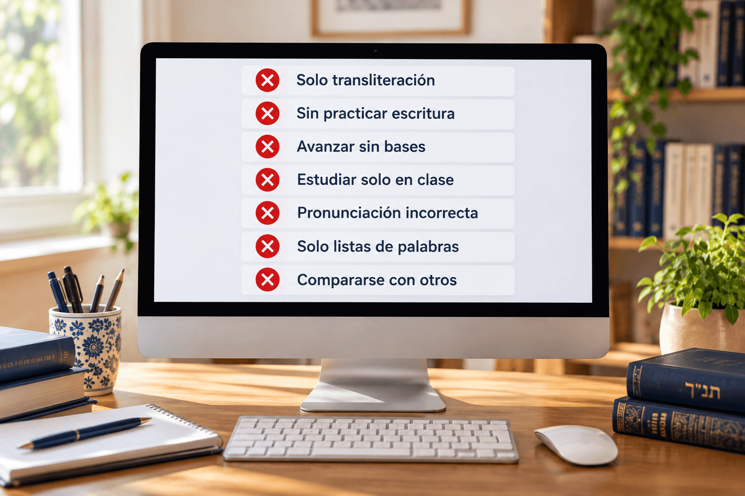 Computadora de escritorio con una lista de siete errores comunes al aprender hebreo, señalados con cruces rojas.