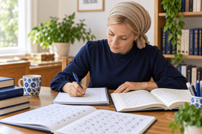 Mujer judía religiosa estudiando hebreo y practicando la escritura en un cuaderno