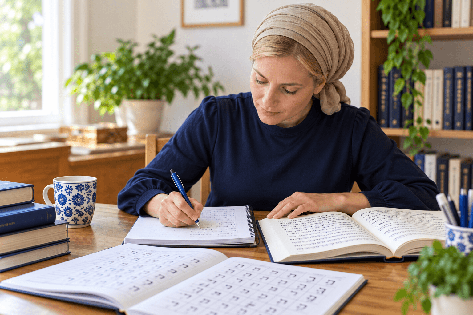 Mujer judía religiosa estudiando hebreo y practicando la escritura en un cuaderno